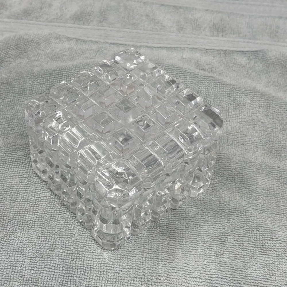 Vintage Clear Crystal Waffle Grid‎ Square Trinket Box with Lid Heavy Vanity